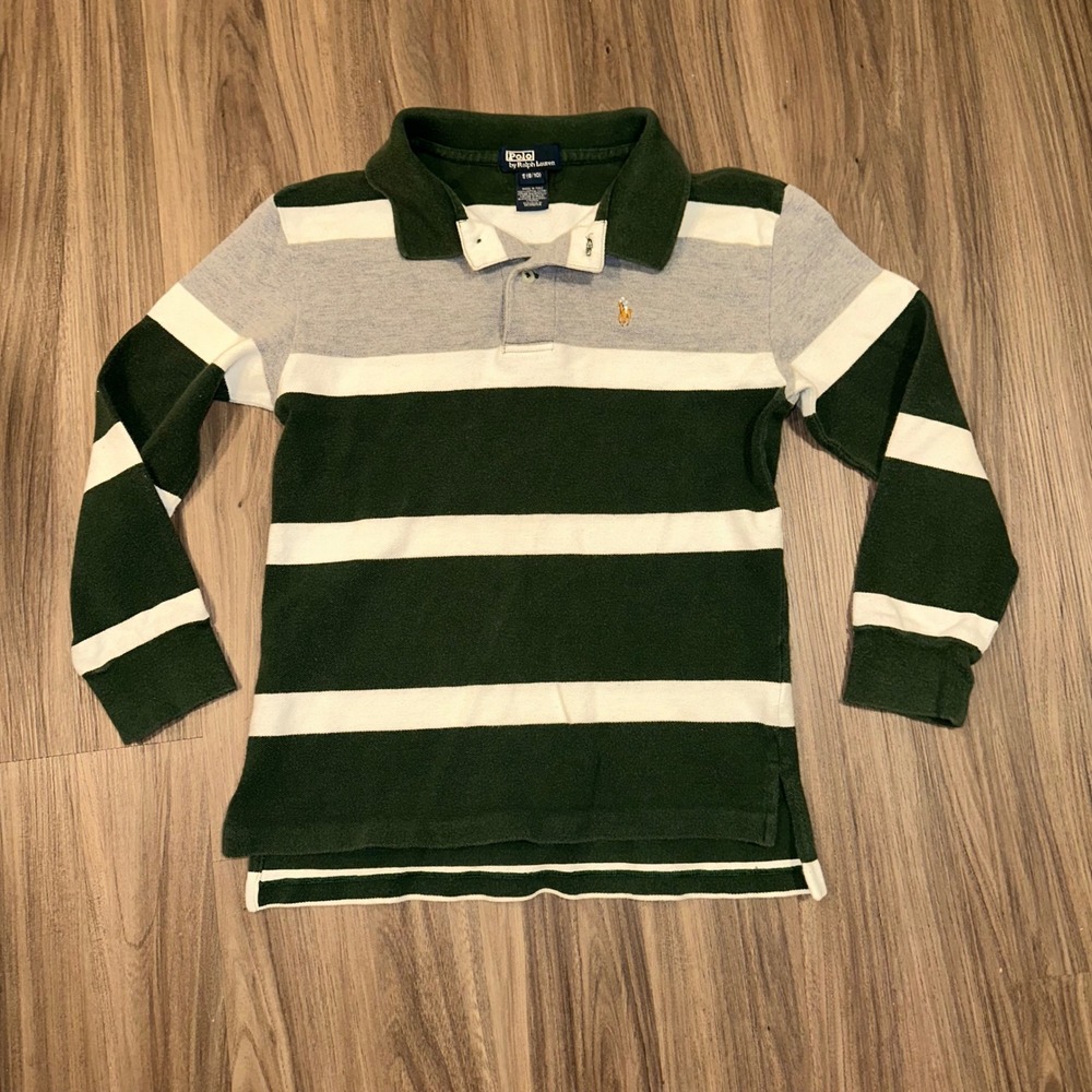 Polo Ralph Lauren Boys Long Sleeve Polo Shirt Striped Green Grey Small